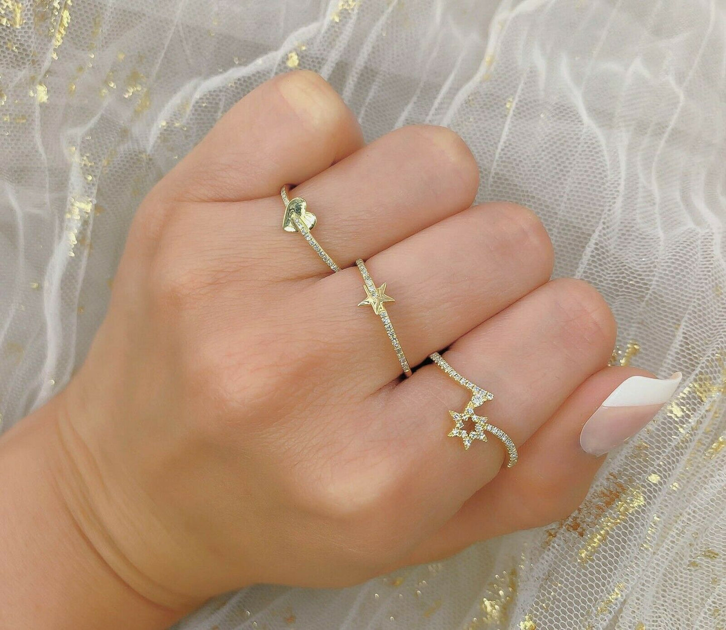 14K Gold 0.07 CT Diamond Heart Ring Round Cut Natural Women's Right Hand