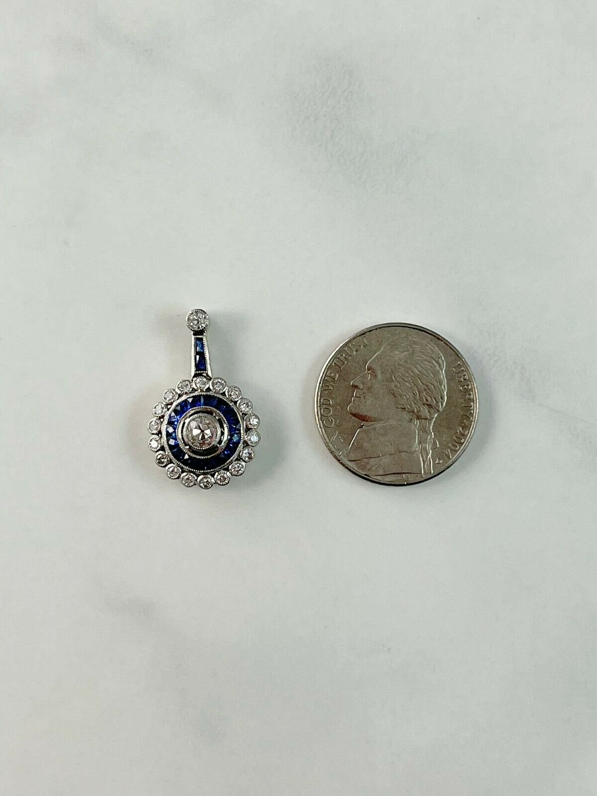 French Cut Sapphire Diamond Platinum Pendant Necklace Art Deco Chain Included
