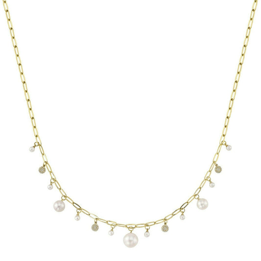 14K Gold 0.17CT Pearl Diamond Paper Clip Link Necklace Shaker Dangle