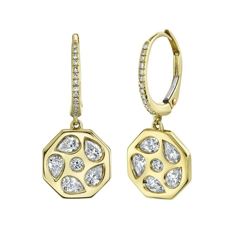 Octagon Drop Design 14K Gold Unique Pear Cut Diamond Earrings Octagon Drop Dangle Natural ...