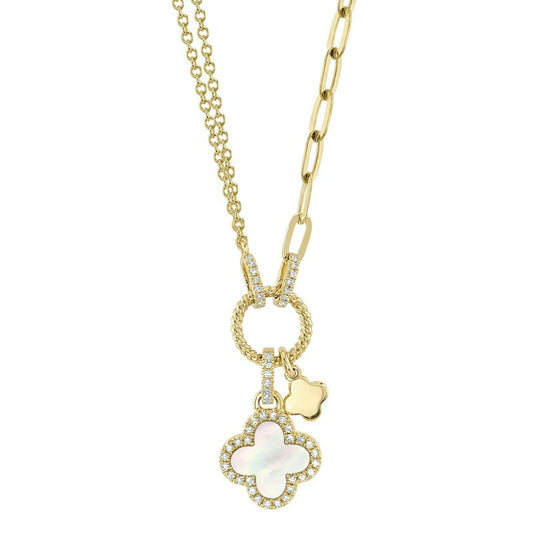 14K Gold 0.66 TCW Mother Of Pearl Diamond Clover Necklace Natural