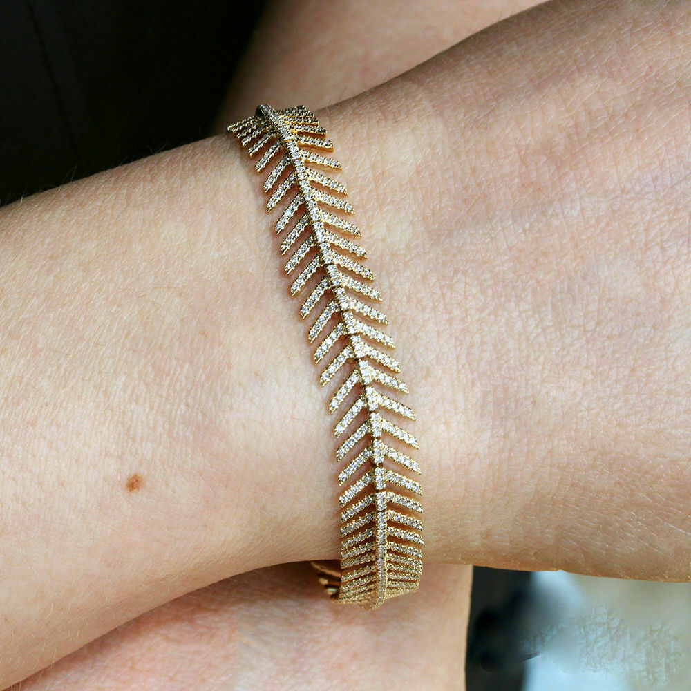 14K Gold CT Diamond Feather Bracelet Womens Round Cut Natural Flexible