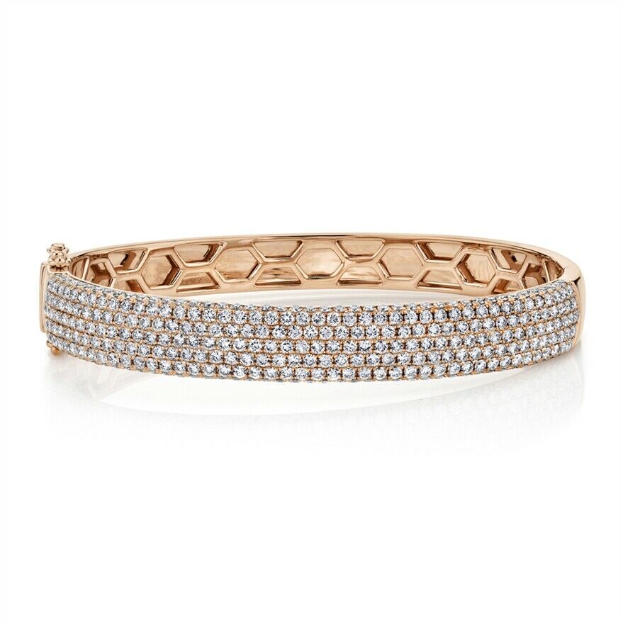 14K White Gold Wide Diamond Pave Bangle Natural Round Cut Women's Small 4.21 CT