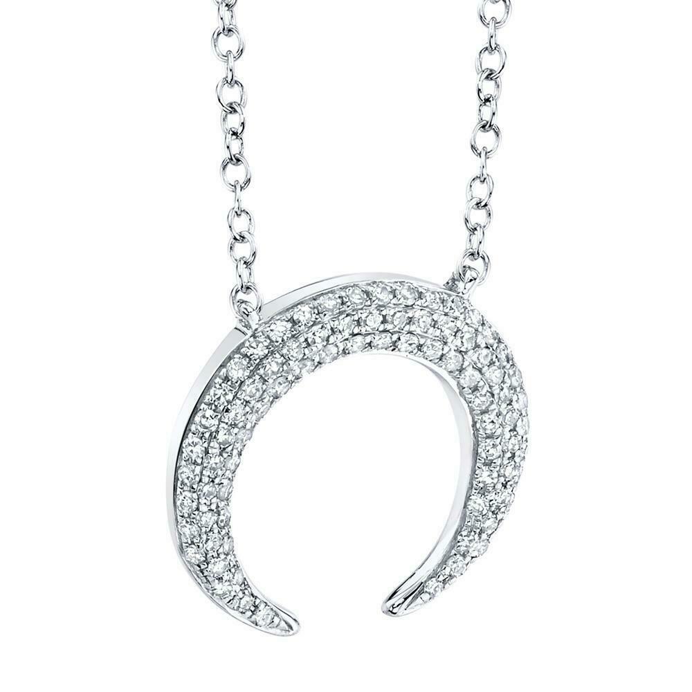 14K White Gold 0.20 CT Diamond Crescent Moon Pendant Necklace Pave Set Round Natural