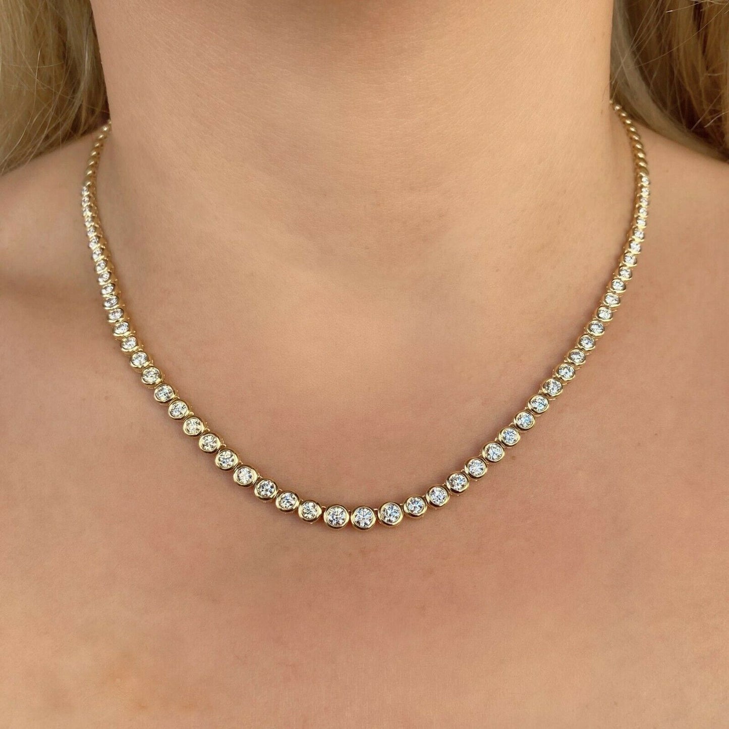 14K Gold 3.53 CT Diamond Tennis Necklace Bezel Set Round Cut Natural