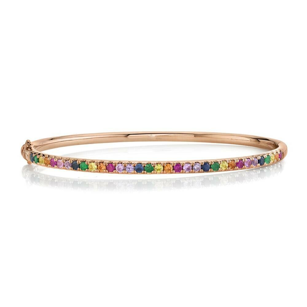 14K Gold 1.18 CT Multi Color Gemstone Rainbow Bangle Bracelet Round Cut