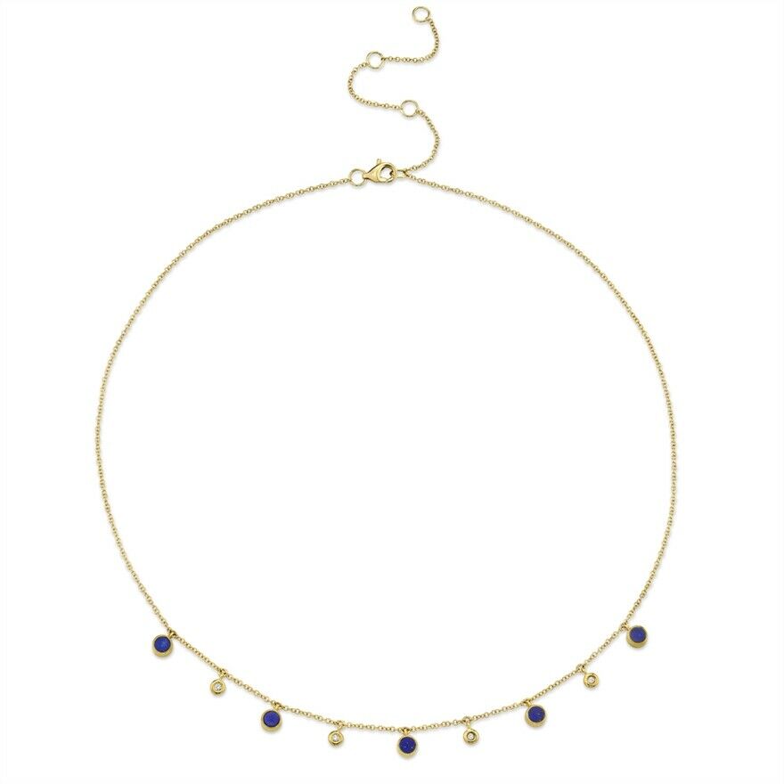 14K Gold 0.90 CT Lapis Lazuli Diamond Necklace Women's Dangle Bezel Beaded Collar