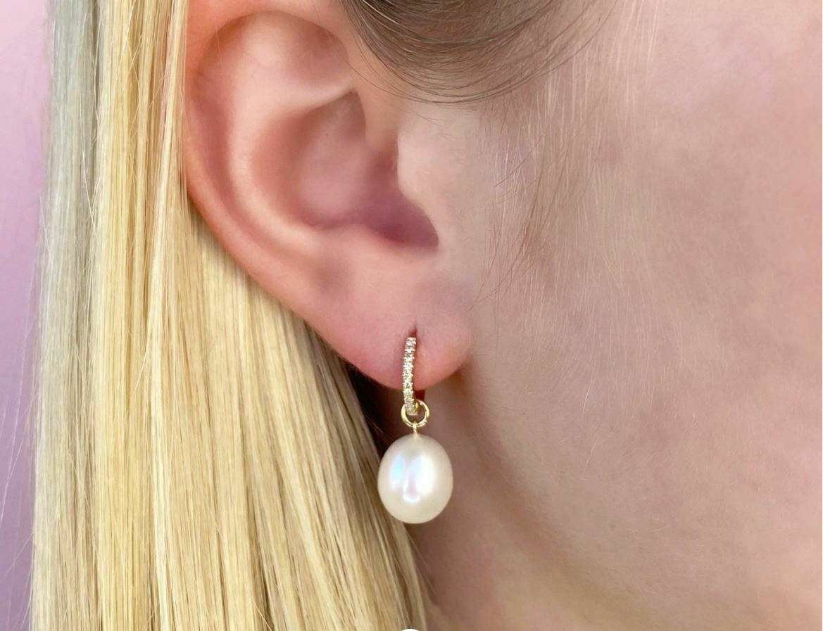 14K Gold 0.06 CT Diamond Pearl Earrings Drop Dangle Cultured Round Natural