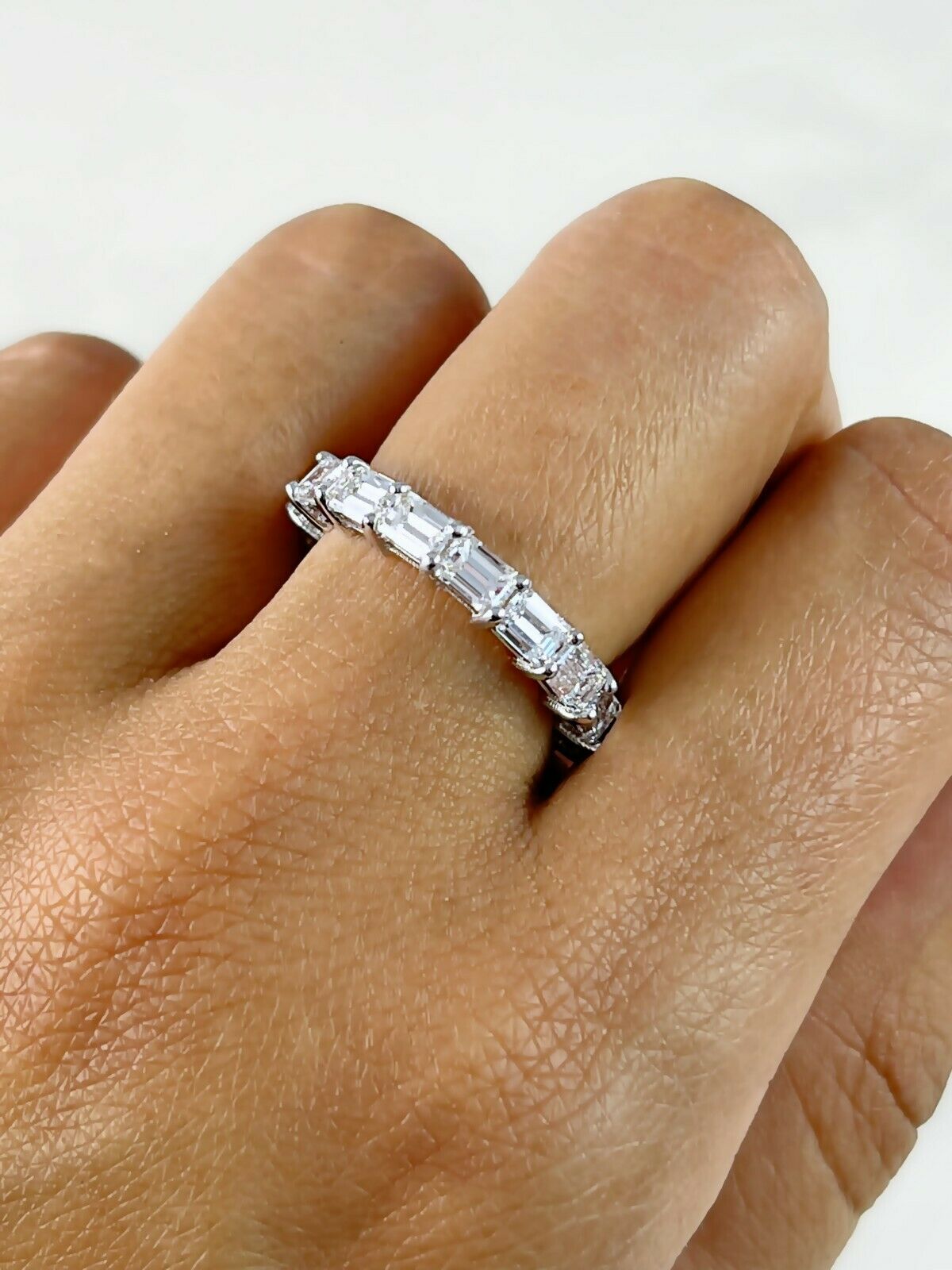 18K White Gold 2.88CT Emerald Cut Diamond Eternity Ring Stackable Horizontal Set