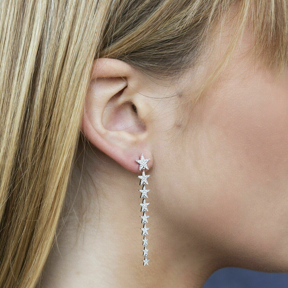 14K Gold 0.51 CT Diamond Star Earrings Dangle Drop Round Cut Graduating Dangling