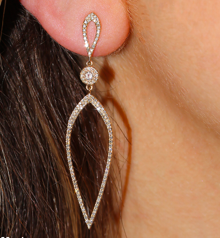14K Gold 0.74CT Diamond Teardrop Earrings Shield Dangle Round Cut Natural