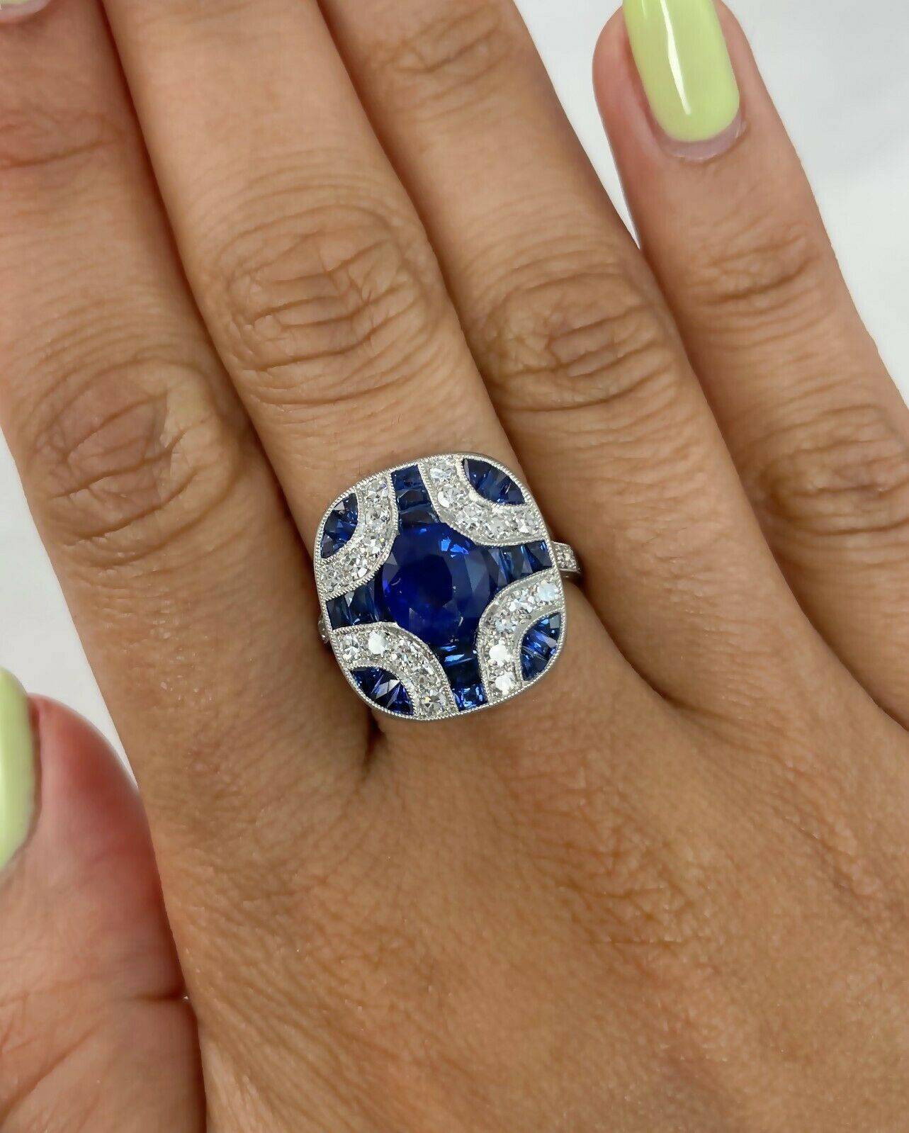Art Deco Blue Sapphire Diamond Platinum Ring