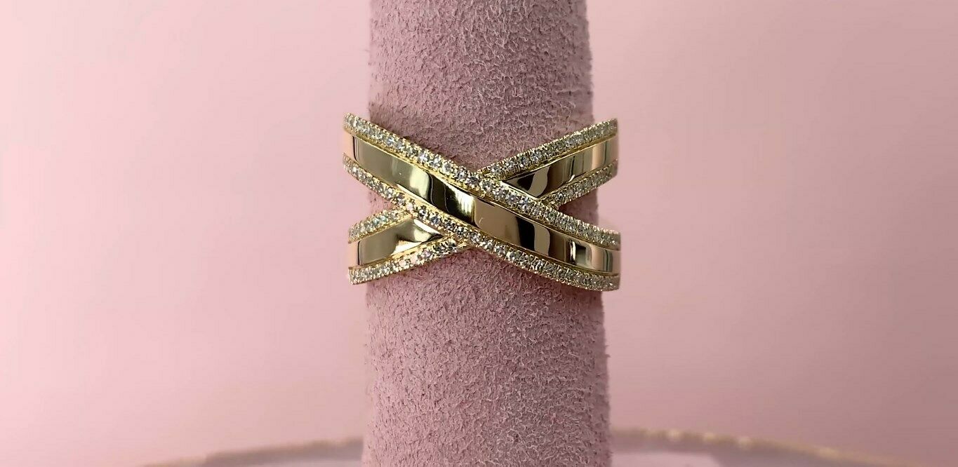 14K Gold 0.32 CT Diamond X Ring Crossover Right Hand Cocktail Index Middle Finger