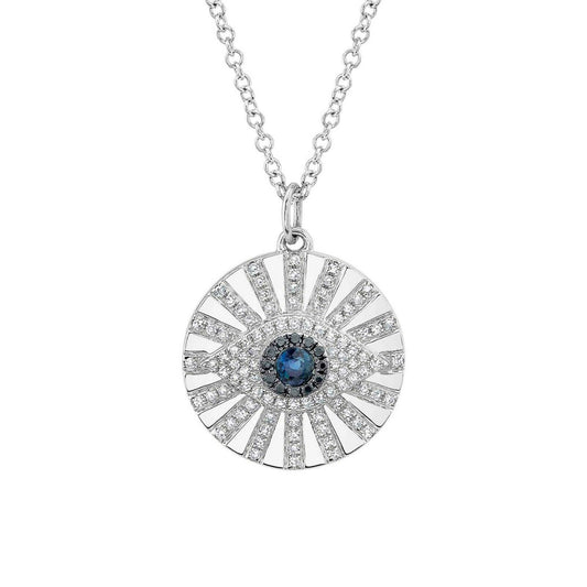 14K Gold 0.15 CT Diamond Eye Necklace Blue Sapphire Black White Round Cut Circle Disc