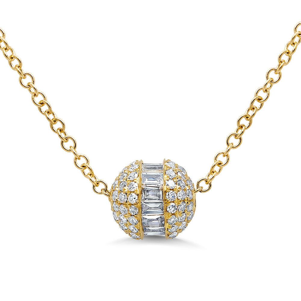 14K Gold 0.48 CT Diamond Barrel Pendant Necklace Natural Baguette Round
