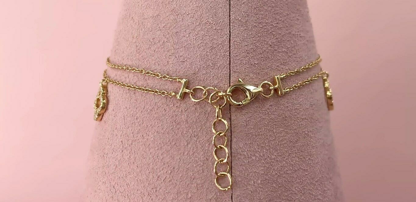 14K Gold 0.19 CT Diamond Clover Charm Bracelet Round Cut Natural Womens