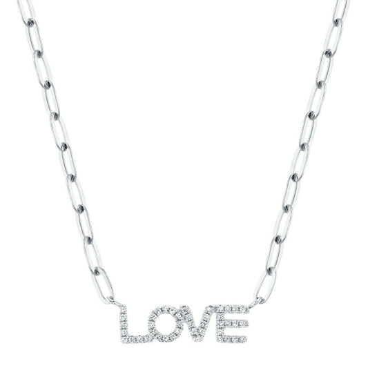 14K Gold 0.12 CT Diamond LOVE Letter Initials Necklace Paper Clip Chain