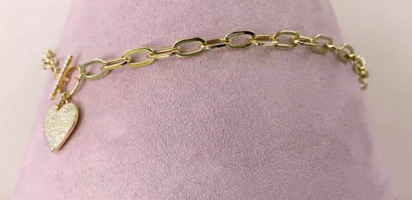 14K Gold 0.50CT Diamond Paper Clip Link Heart Necklace Round Cut Pave set