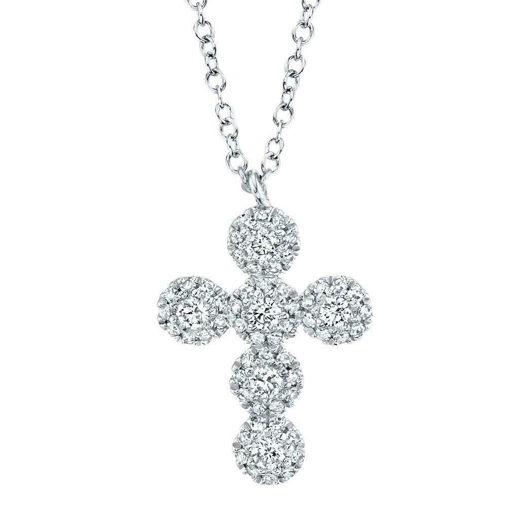 14K Gold 0.25CT Womens Diamond Cross Pendant Necklace Halo Round Cut Small