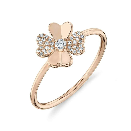 14K Gold 0.11 CT Diamond Clover Ring Round Cut Cocktail Right Hand Natural