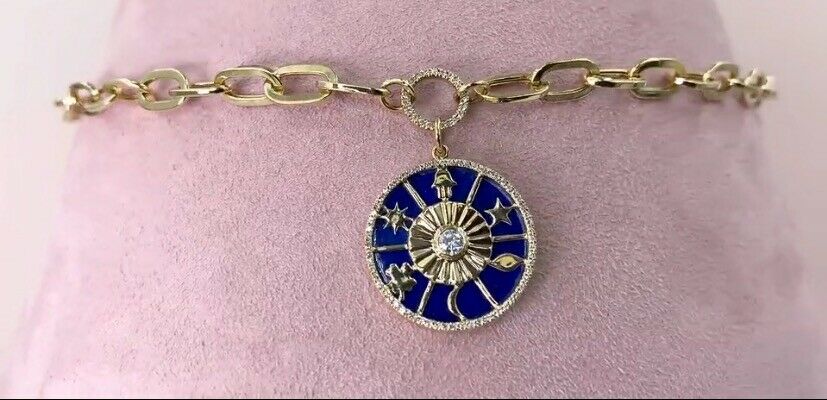 14K Gold 4.43 CT Lapis Diamond Necklace Hamsa Star Moon Clover Paper Clip Necklace Disc