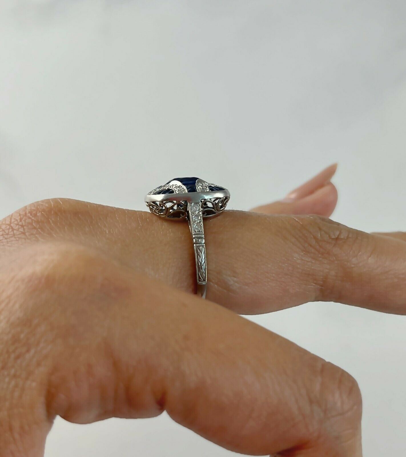 Oval Blue Sapphire Diamond Art Deco Platinum Engagement Ring Natural