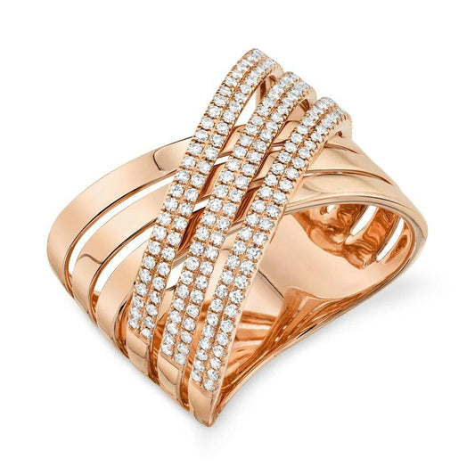 14K Gold 0.54 CT Diamond Bridge X Ring Crossover Crisscross Cocktail Multi Band 7