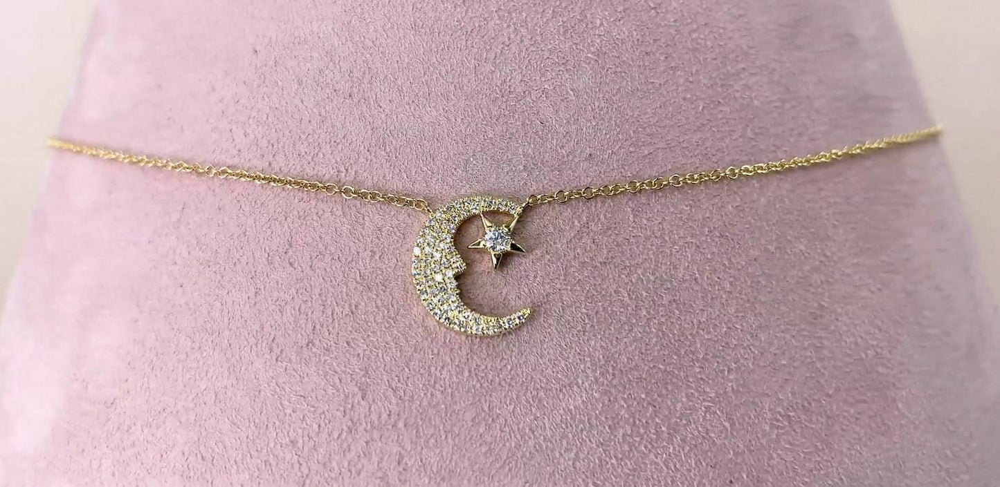 Moon And Star Diamond Necklace 14K White Gold Round Cut 0.16 CT Natural Pendant