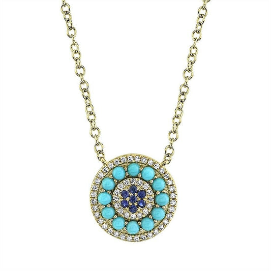 14K Gold 0.56 CT Turquoise Sapphire Diamond Pendant Necklace Natural Women's