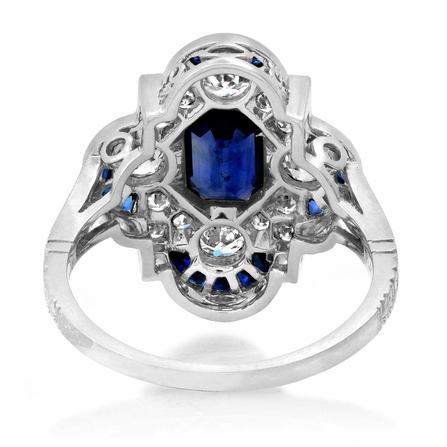 Art Deco Emerald Cut Blue Sapphire Diamond Platinum Ring