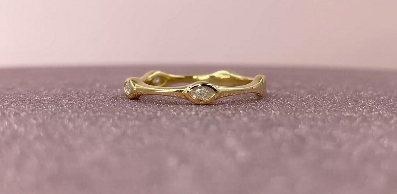 14K Gold 0.13 CT Bezel Set Marquise Diamond Band Wedding Ring Anniversary Stack