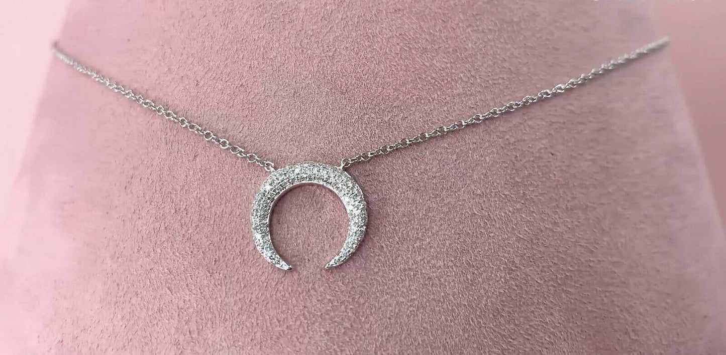 14K White Gold 0.20 CT Diamond Crescent Moon Pendant Necklace Pave Set Round Natural