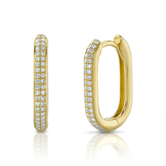14K Gold 0.18 CT Diamond Oblong Hoop Earrings Oval Elongated Long Natural