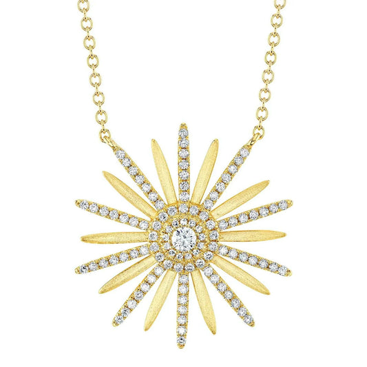 Diamond Flower Necklace 14K Yellow Gold 0.69 CT Round Cut Natural Womens Pendant
