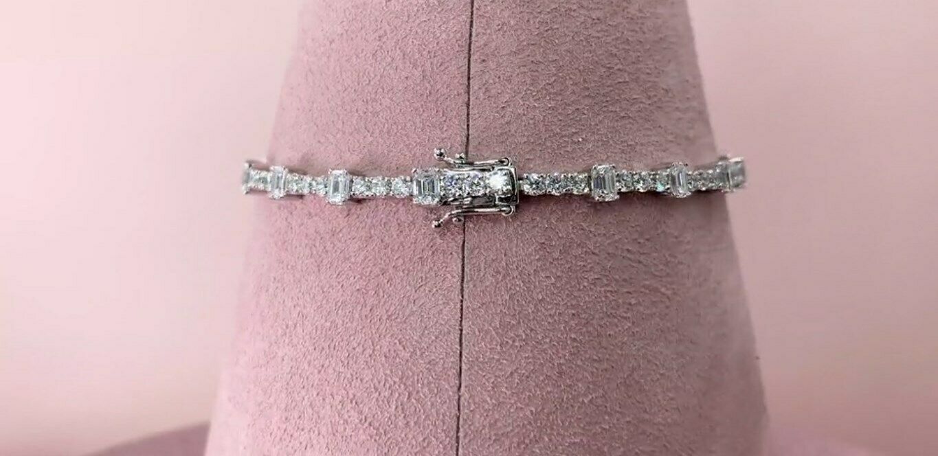 14K Gold 5.04 CT Emerald Cut Diamond Tennis Bracelet Round Certified Natural