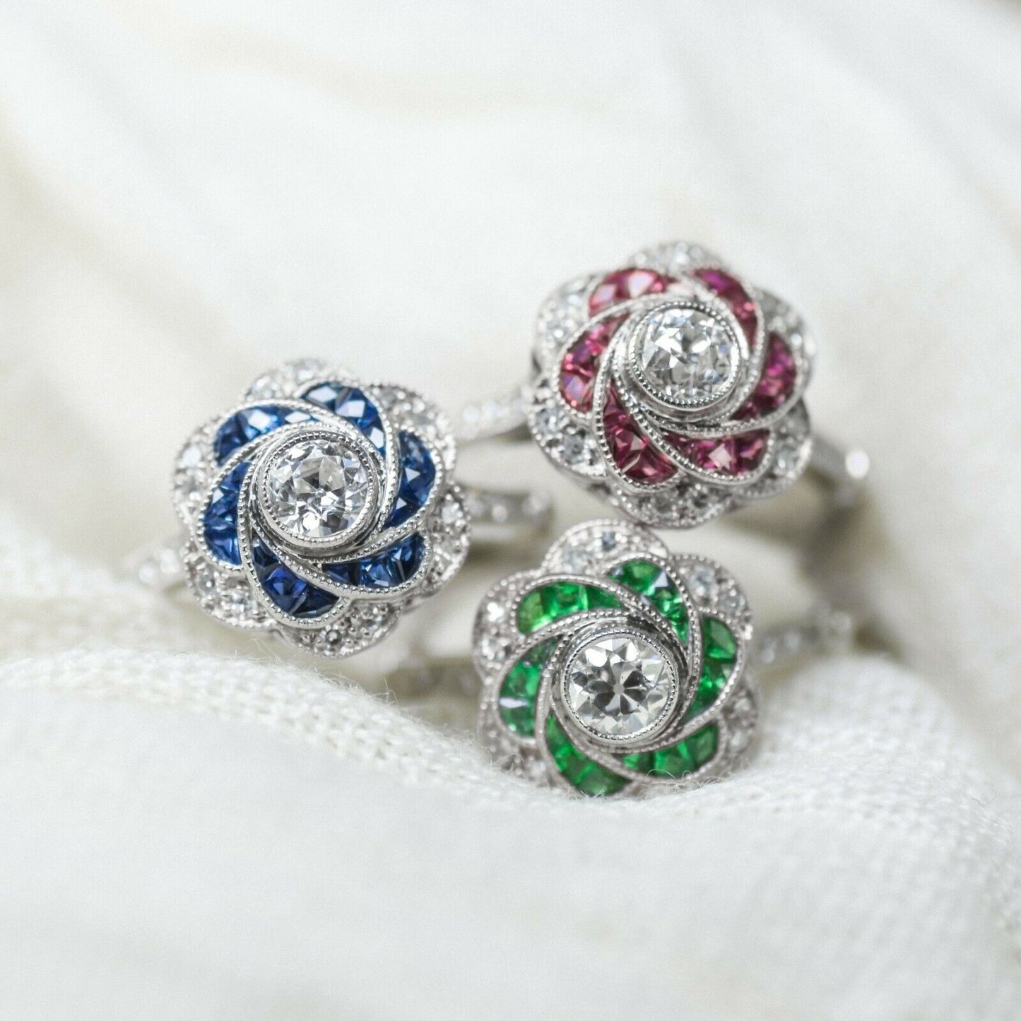 Antique Inspired Diamond Emerald Flower Platinum Ring Handmade