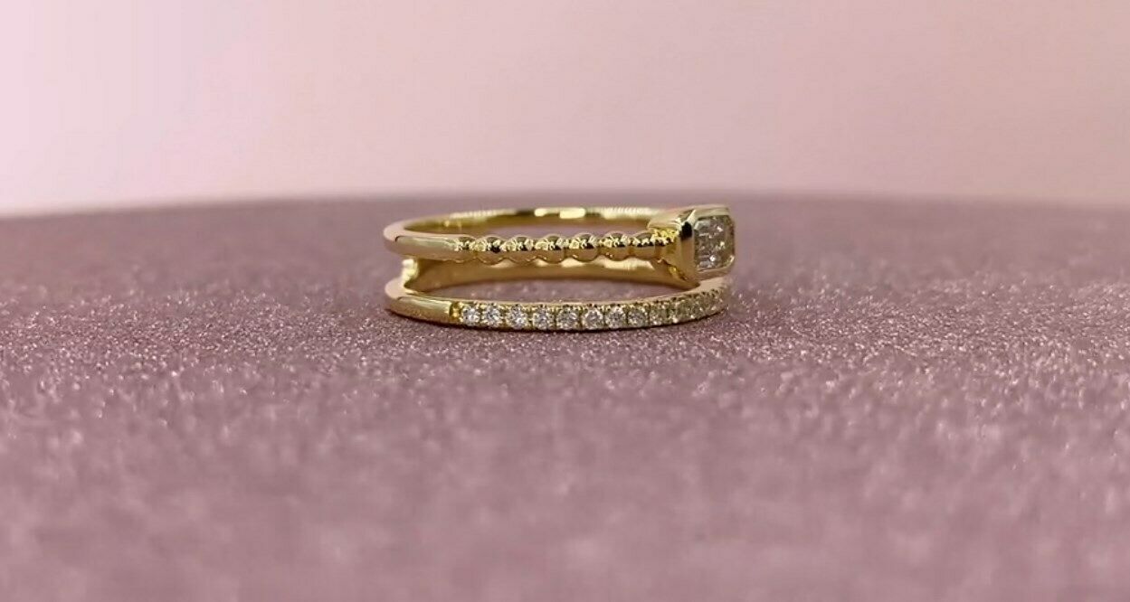 14k Gold 0.35 CT Emerald Cut Diamond Double Band Beaded Ring Natural Round