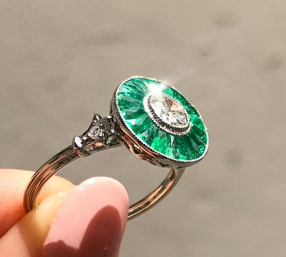 Baguette Cut Emerald Round Diamond Platinum Ring Antique Art Deco