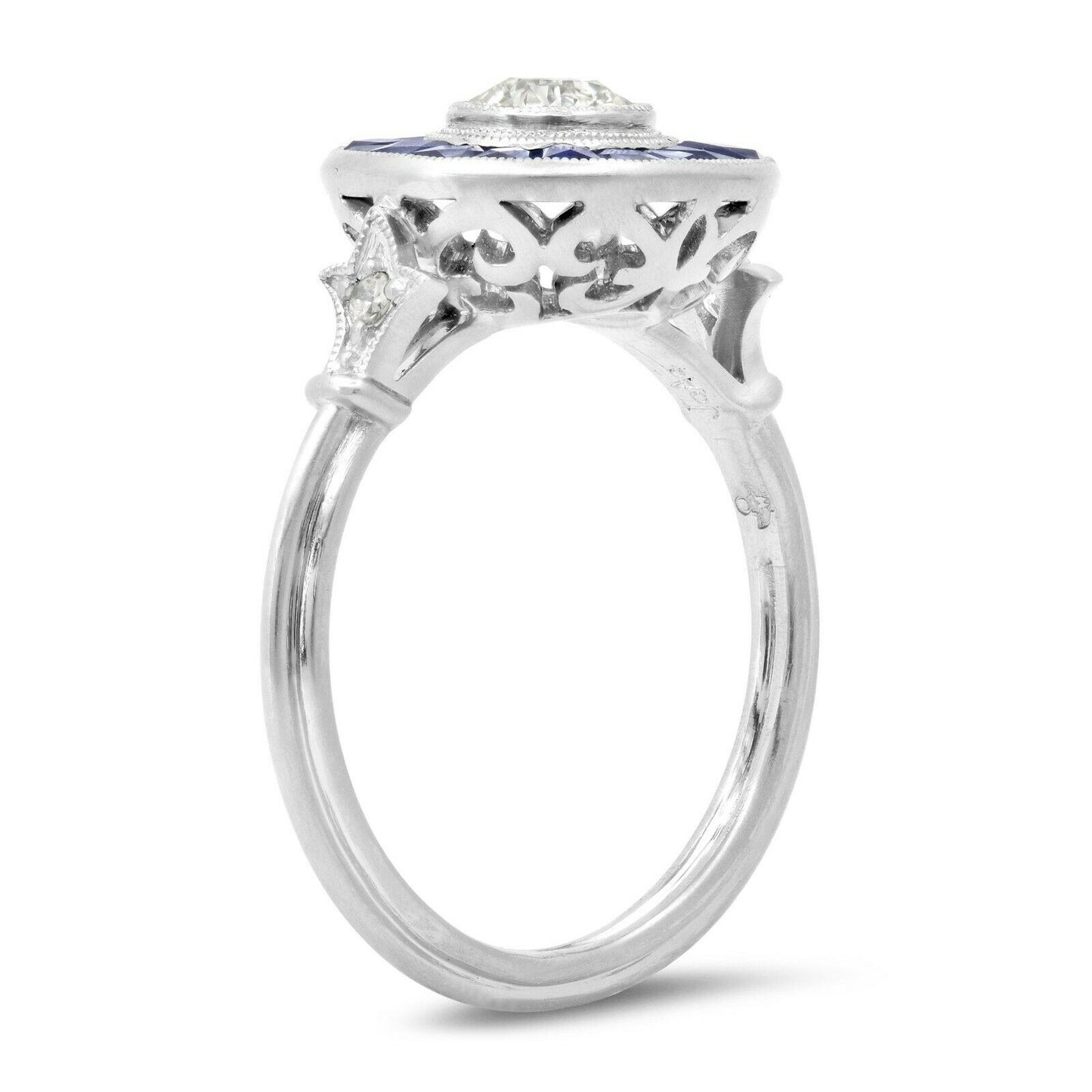 Art Deco Diamond Blue Sapphire Platinum Engagement Ring Handmade