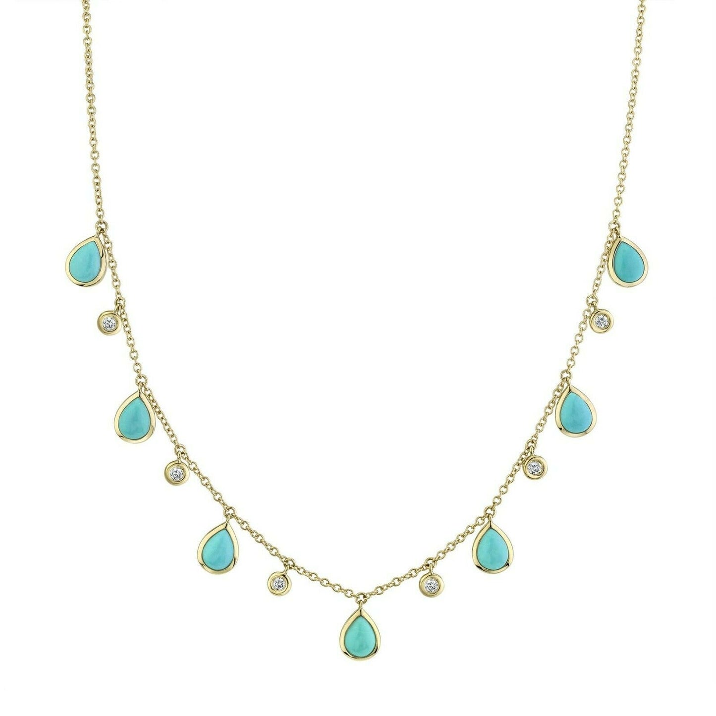 14K Gold 5.74 TCW Pear Turquoise Diamond Necklace Bezel Dangle Station
