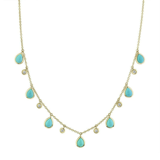 14K Gold 5.74 TCW Pear Turquoise Diamond Necklace Bezel Dangle Station