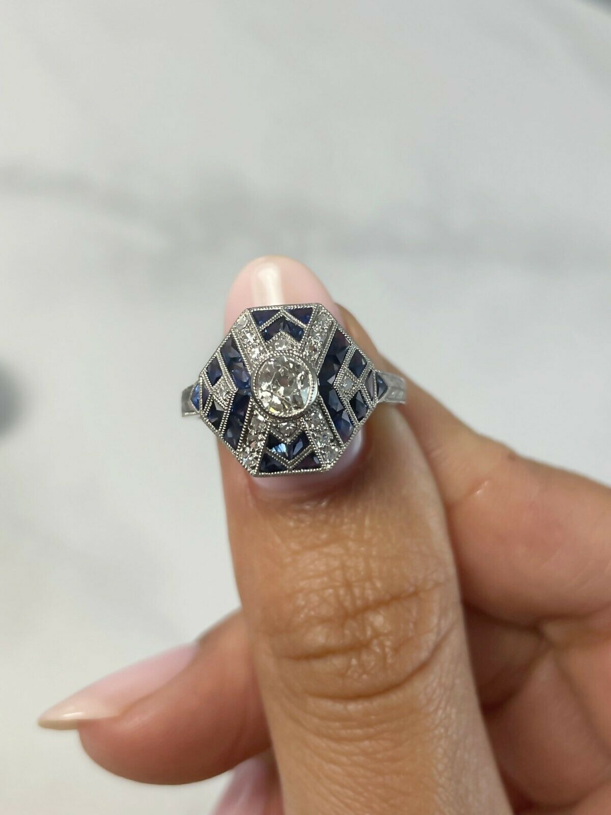 Art Deco Diamond Sapphire Platinum Ring Handmade French Cut Certified Natural
