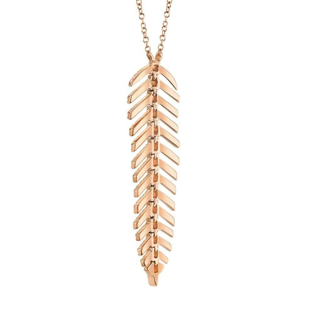 14K Gold 0.29 CT Diamond Feather Pendant Necklace Flexible Natural Round Cut