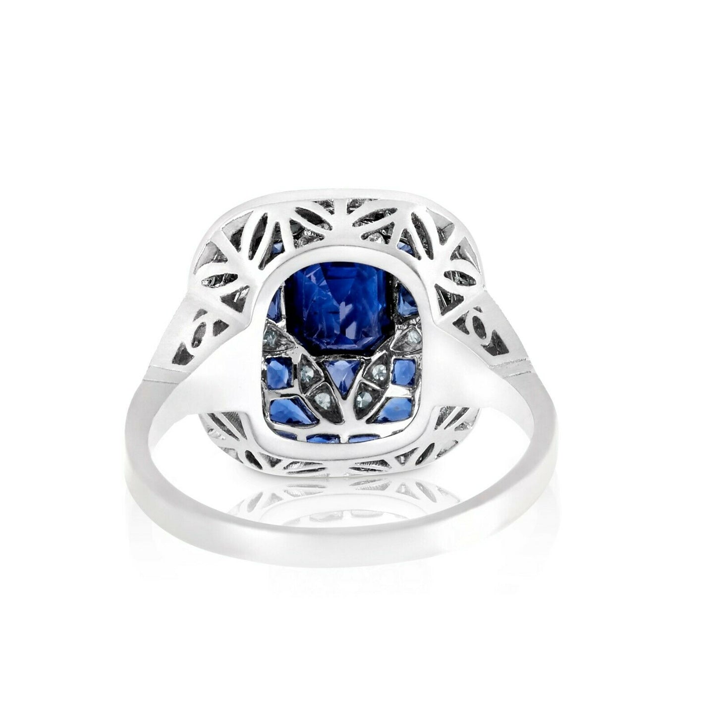Art Deco Emerald Cut Blue Sapphire Diamond Platinum Ring