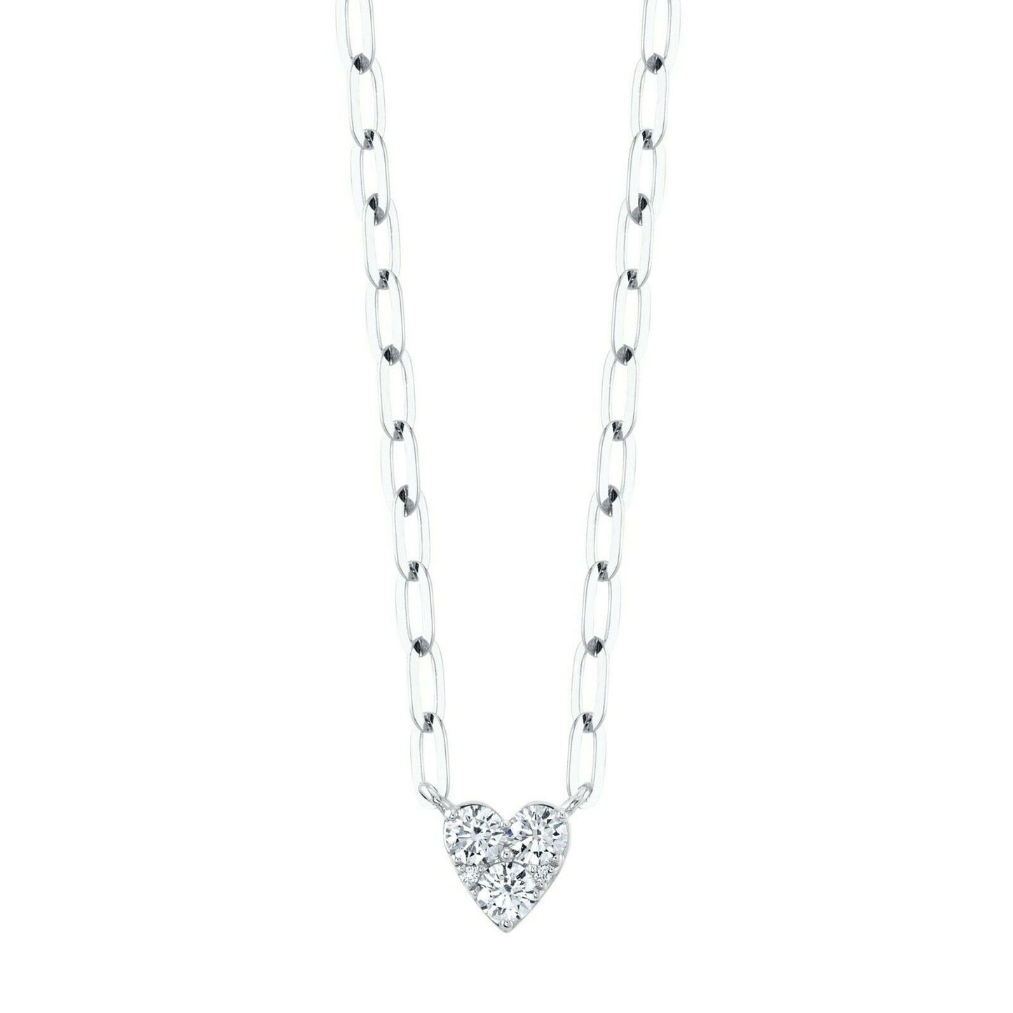 14K White Gold Diamond Heart Pendant Necklace Paper Clip Link Chain 0.40 CT