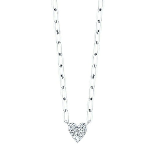 14K White Gold Diamond Heart Pendant Necklace Paper Clip Link Chain 0.40 CT
