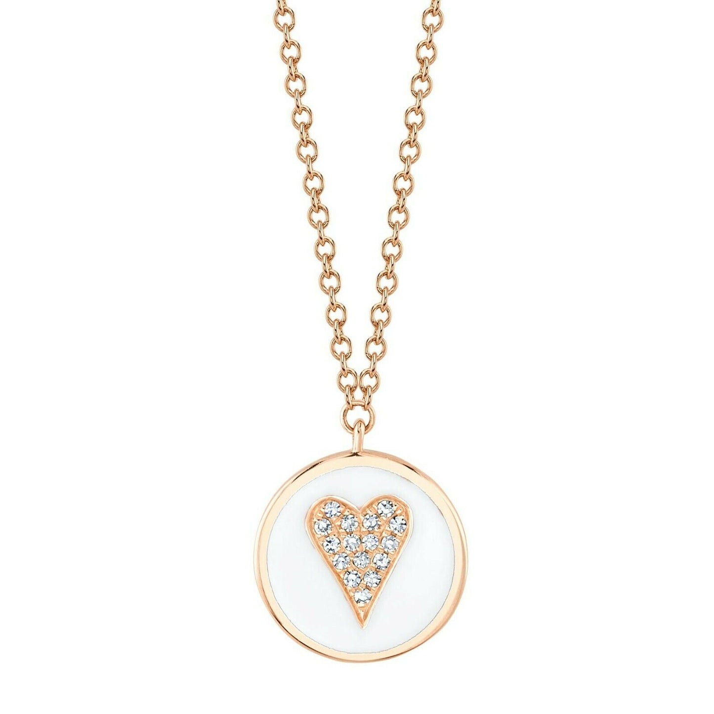 White Enamel Diamond Heart Necklace 14K Yellow Gold Circle Disc 0.04 CT Natural