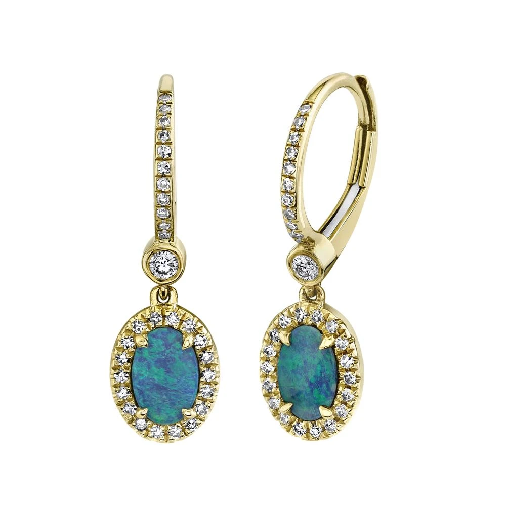 14K Gold 0.90 TCW Opal And Diamond Drop Earrings Oval Dangle Natural