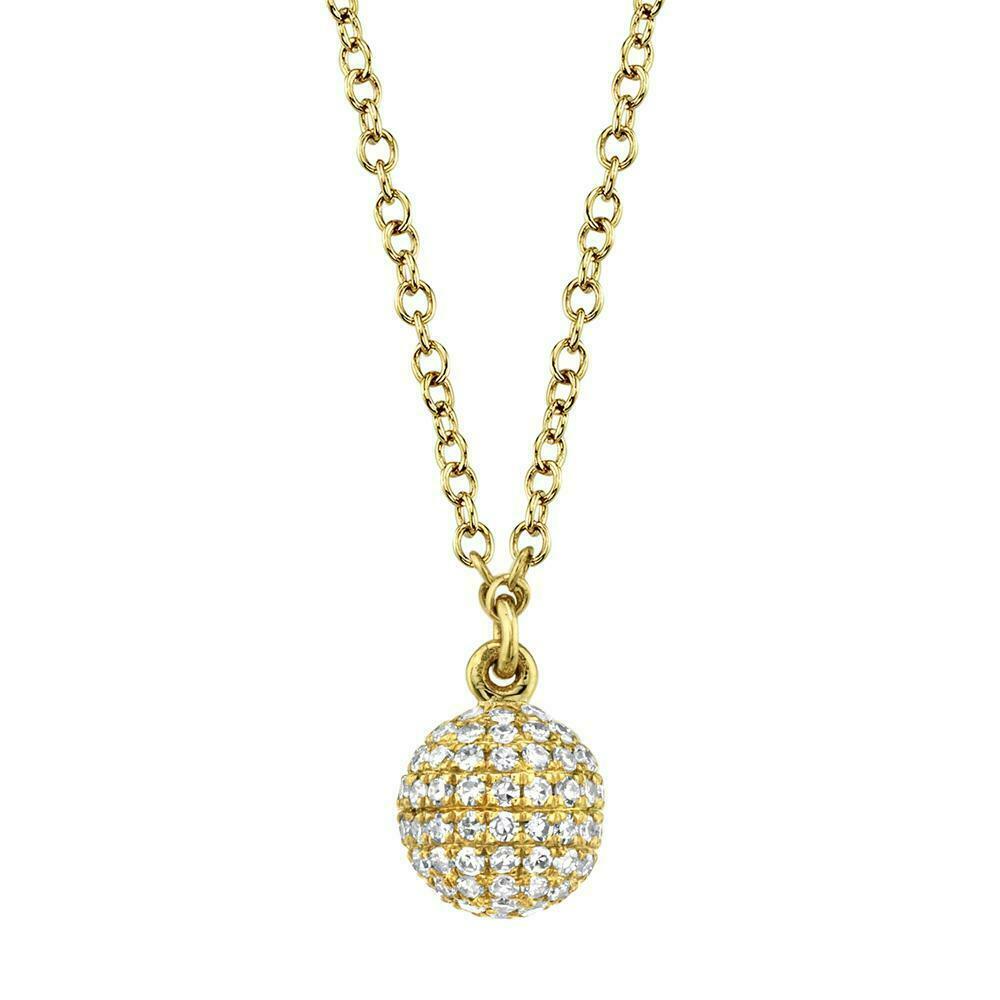 Diamond Pave Ball Sphere Pendant Necklace 14K Yellow Gold Round Natural Cut 3D