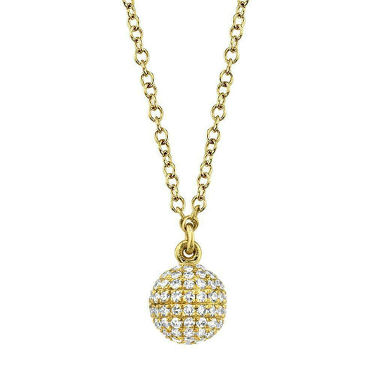 Diamond Pave Ball Sphere Pendant Necklace 14K Yellow Gold Round Natural Cut 3D